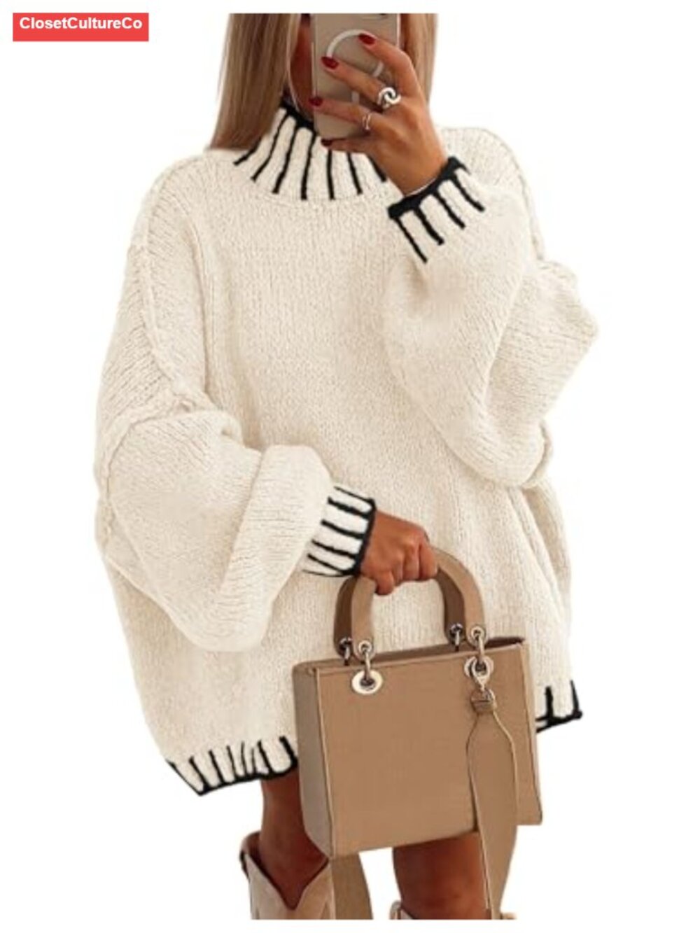 Mock Neck Oversized Pullover Sweater Long Sleeve Chunky Knit Tunic